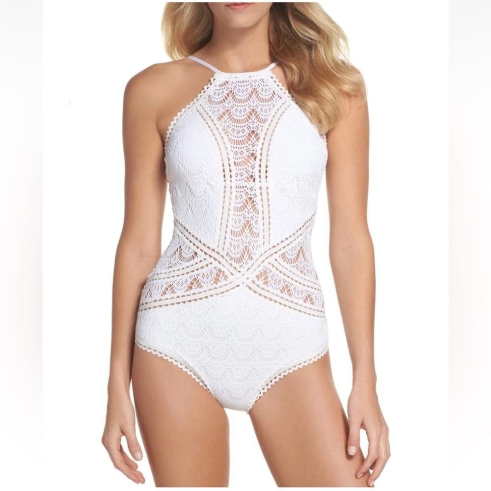🤍 BECCA Prarie Rose WHITE High Neck Halter CROCHET LACE One Piece SWIMSUIT | S - Picture 5 of 15